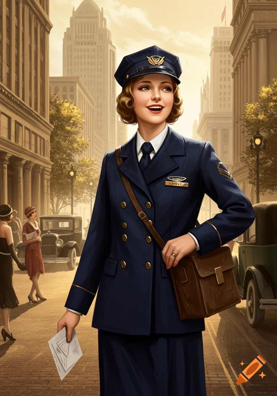 A smiling woman in a 1920s mail carrier uniform, holding papers and a satchel, stands on a city street with vintage cars and buildings.