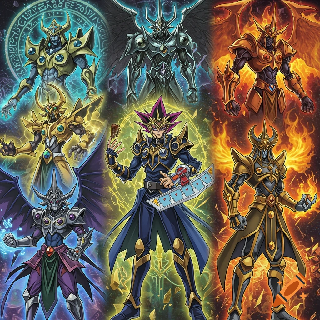 An anime-style image featuring Yu-Gi-Oh's Yugi Muto holding cards and a duel disk, surrounded by several powerful monsters in dynamic poses against elemental backgrounds.