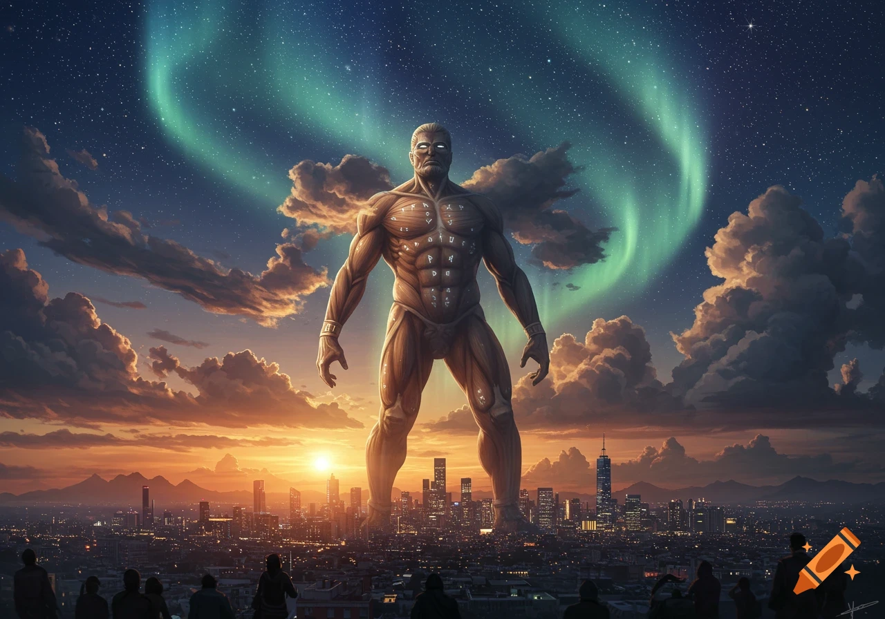 A colossal, muscular figure with glowing eyes and runes on its body towers over a city at sunset, under an aurora borealis sky, with people watching.