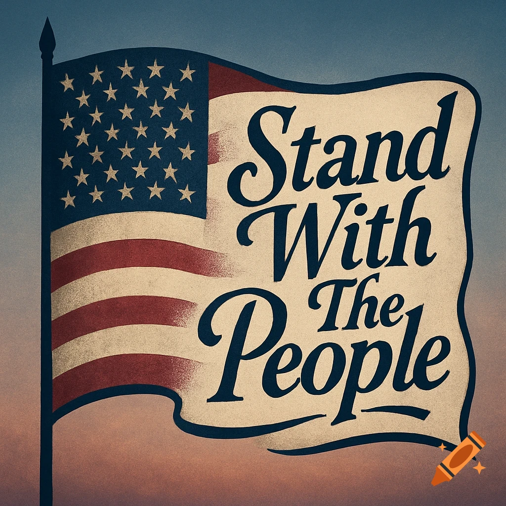 A vintage-style American flag with the text 'Stand With The People' in script font, against a gradient sky.