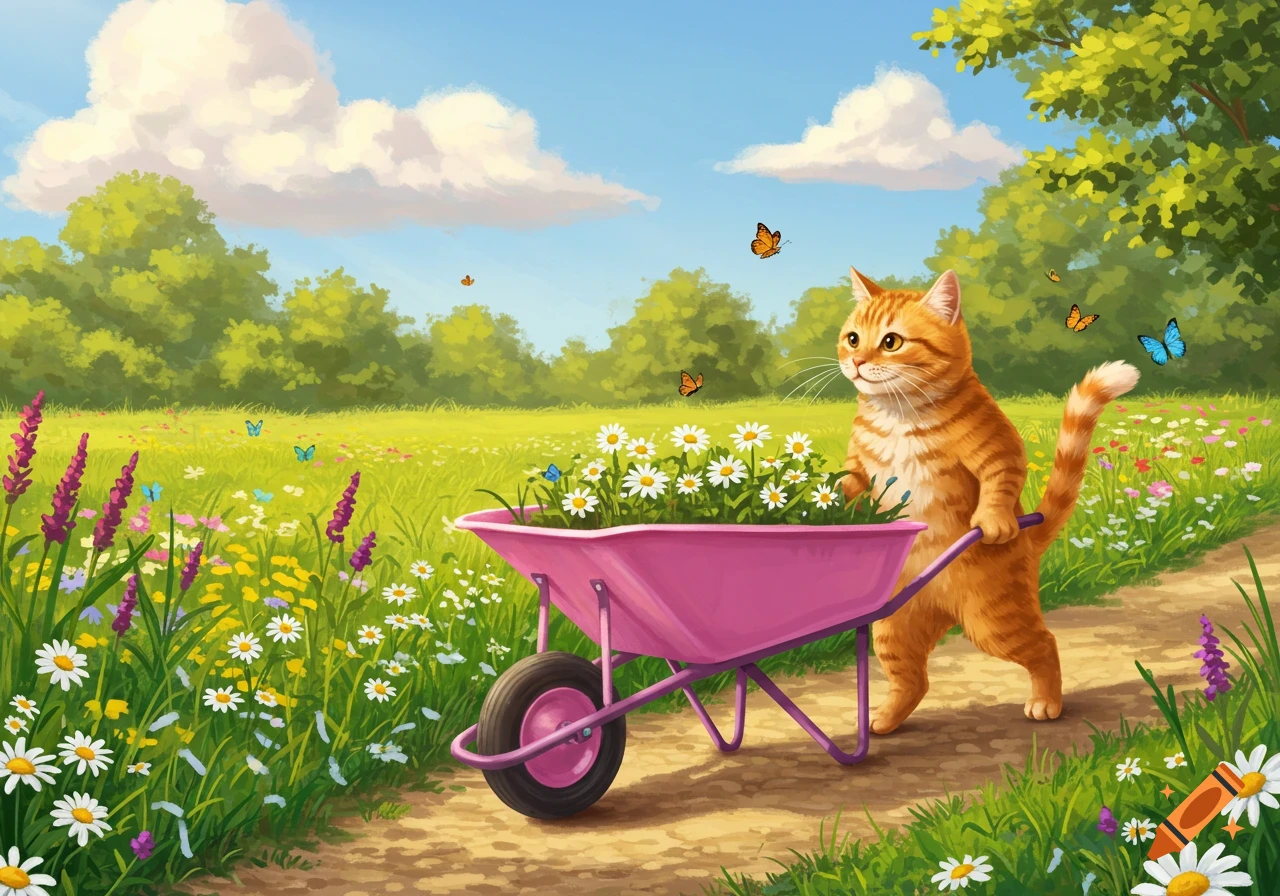 A cheerful cartoon orange cat pushes a pink wheelbarrow full of daisies along a path in a sunny meadow.