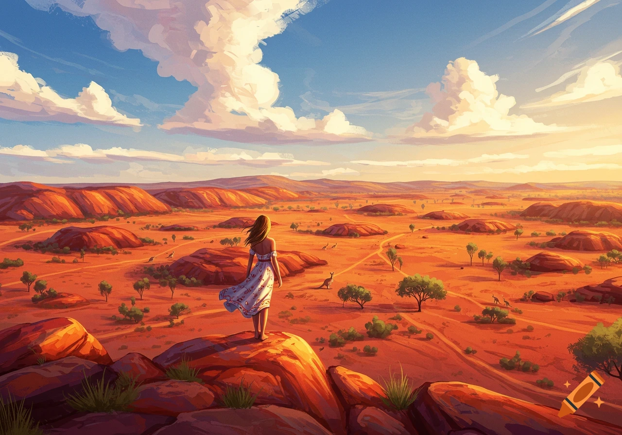 A woman stands on a rock, looking at a vast, red Australian desert landscape with hills, trees, and kangaroos under a vibrant sky. Stylized illustration.