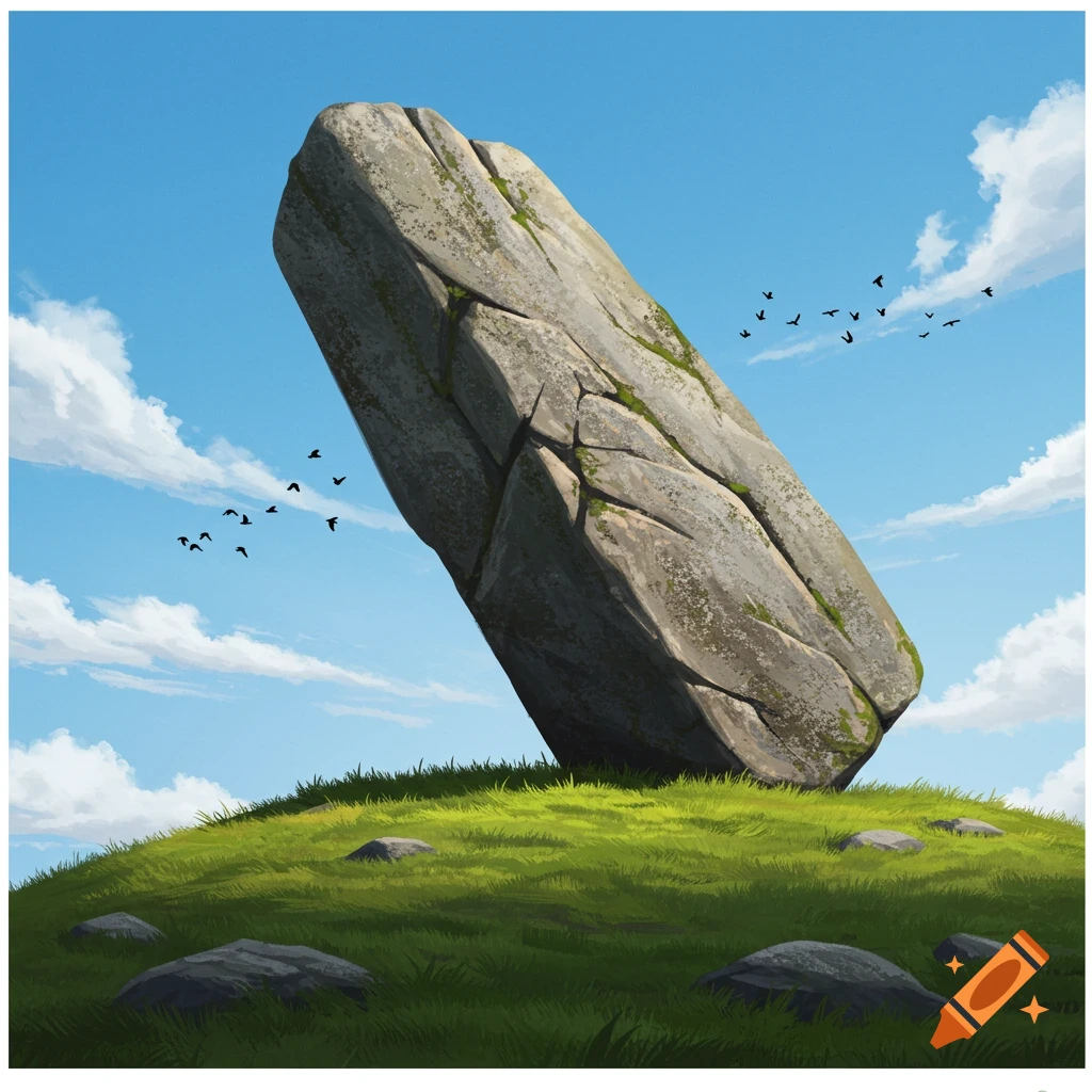 A large, weathered, mossy rock stands tilted on a vibrant green grassy hill under a bright blue sky with white clouds and flying birds.