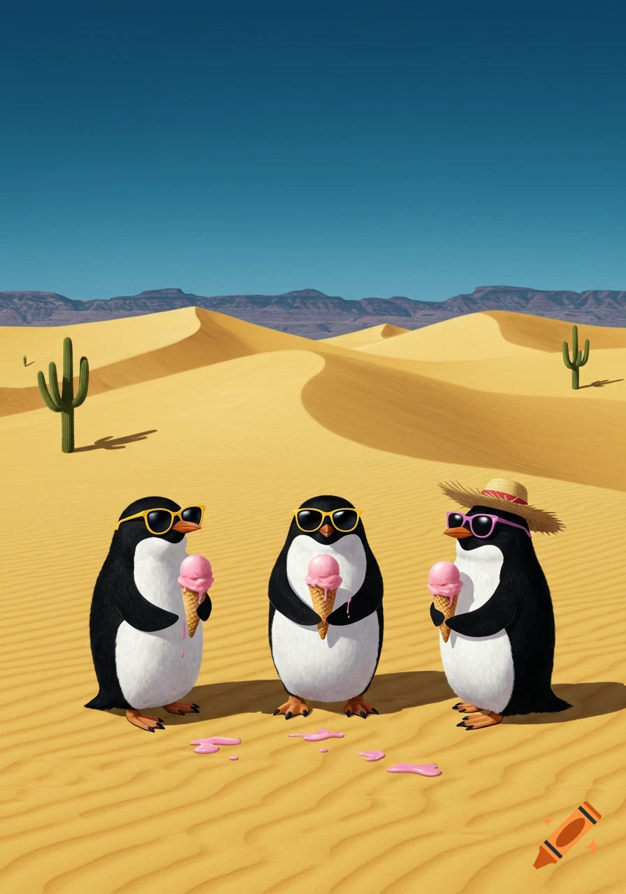 Three cartoon penguins wearing sunglasses, one with a straw hat, eat melting pink ice cream in a sunny desert with sand dunes and cacti.