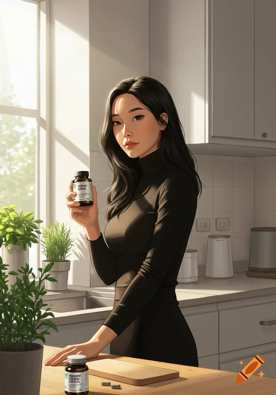 An illustrated Asian woman in a black turtleneck holds a supplement bottle in a bright kitchen.