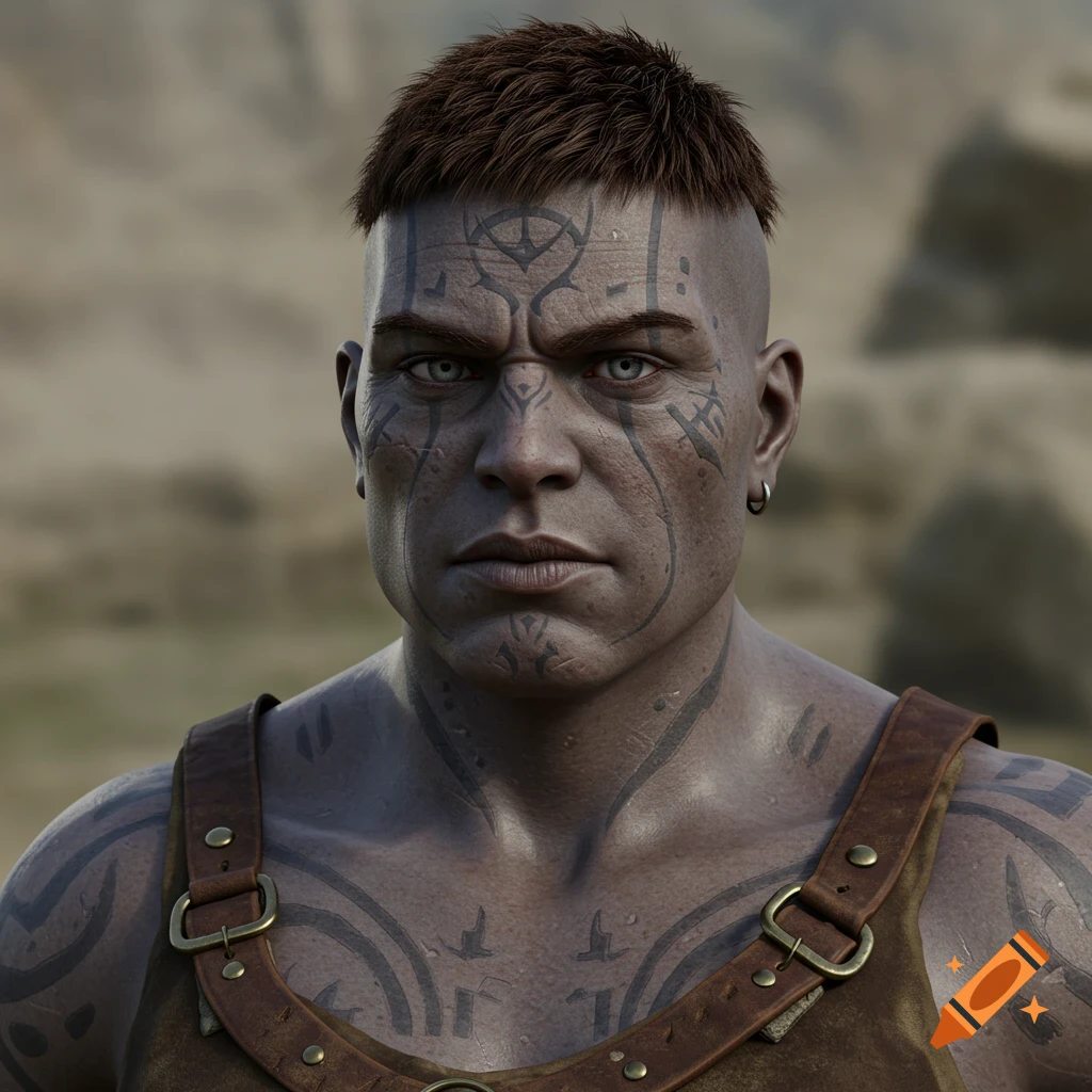 A photorealistic close-up of a masculine character with short brown hair, a shaved undercut, and intricate dark tattoos covering their face and shoulders, wearing a brown leather harness.