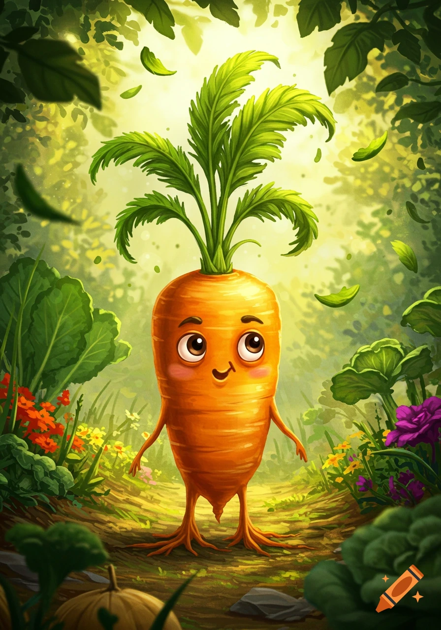 A cute, smiling cartoon carrot with root-like feet and leafy greens stands in a vibrant, whimsical forest.