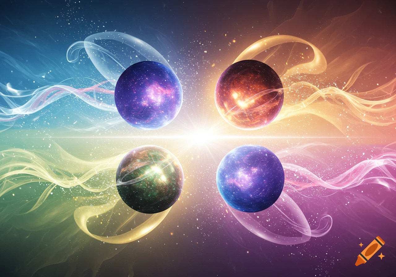 Four vibrant, galaxy-like orbs against a cosmic background of swirling colorful light and stars.