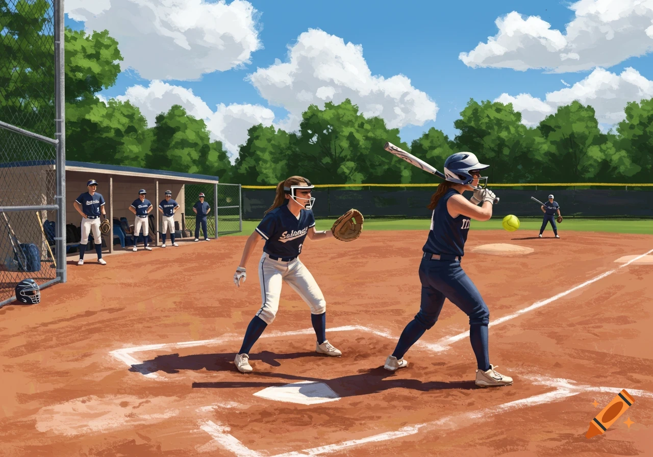 An illustration of a softball game with a batter ready to hit, a pitcher in position, and other players in the dugout.