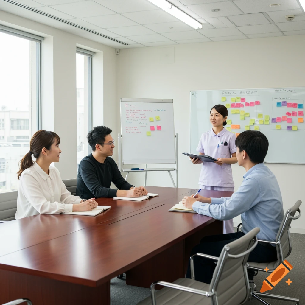 A nurse presents during a meeting with three other professionals seated around a large table in a bright modern office with whiteboards.