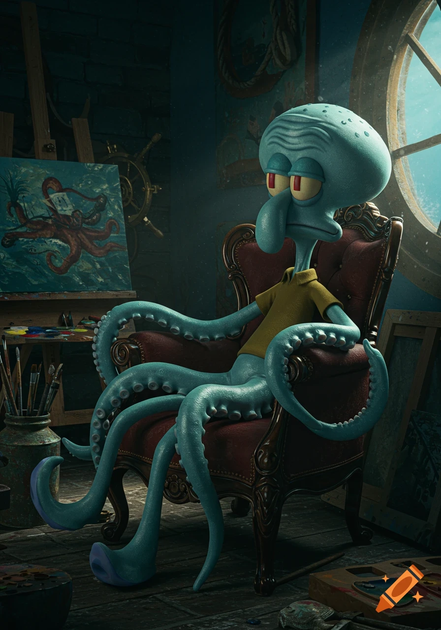 Photorealistic render of Squidward from Spongebob Squarepants sitting in a red armchair in a dimly lit art studio.