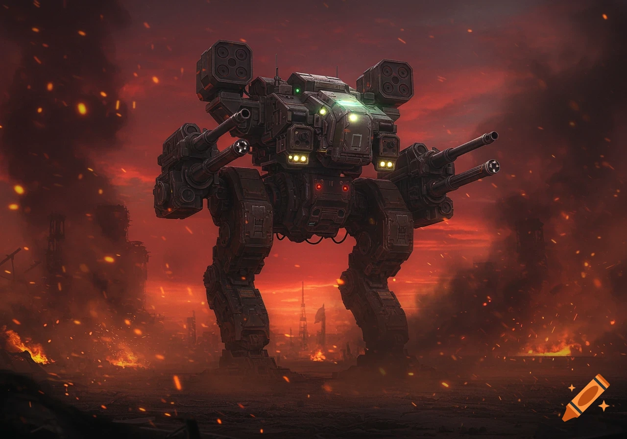 A heavily armed, two-legged mecha stands amidst a burning, war-torn cityscape under a fiery red sky, with sparks and smoke filling the air. Digital art.