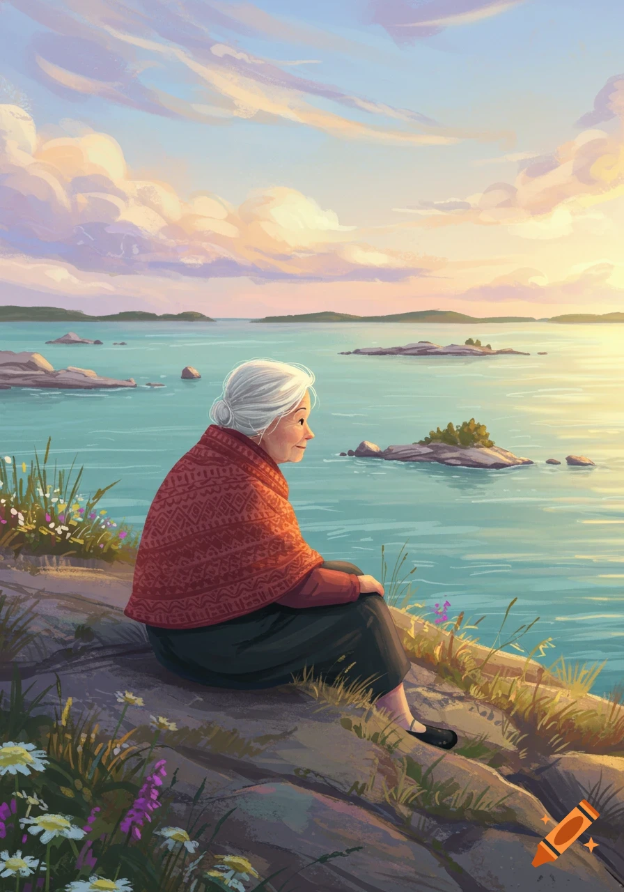 An old woman with white hair sits by a serene lake at sunset, looking ...