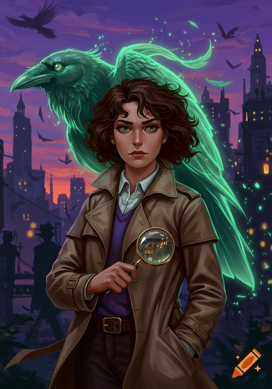 A brown-haired female detective in a trench coat holds a magnifying glass, standing with a glowing green crow spirit against a stylized city at sunset.