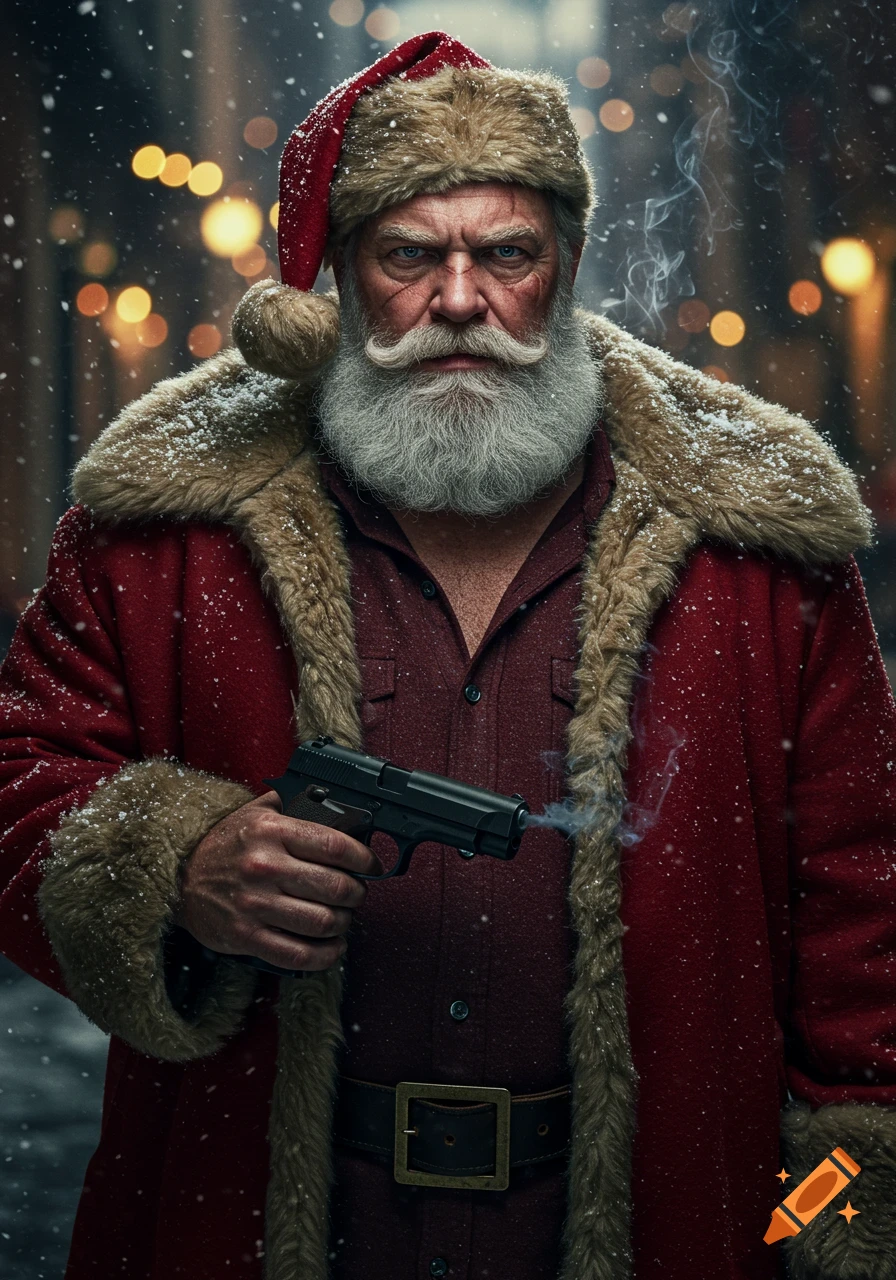 Photorealistic, cinematic portrait of a rugged Santa Claus with a snow-white beard, holding a smoking pistol in a snowy night alley.