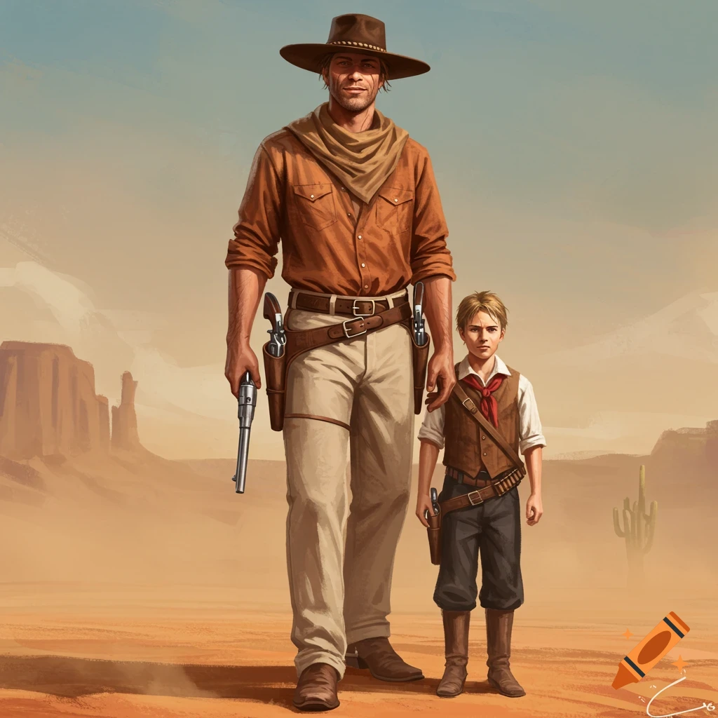 Illustration of a tall cowboy with a hat and revolvers standing next to a young boy in a desert.