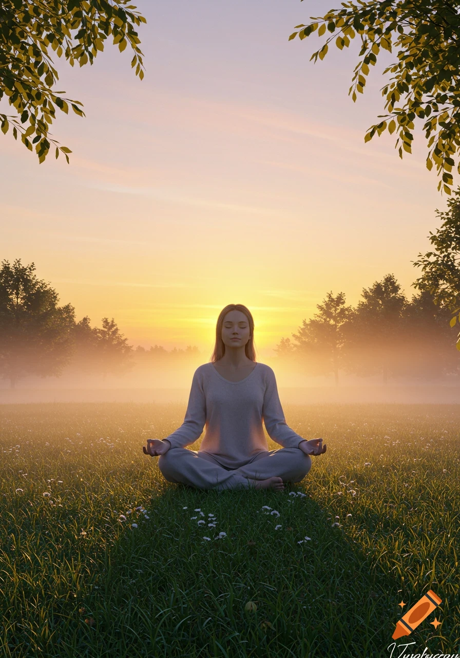 A serene woman meditating in a lotus position in a misty field at sunrise, surrounded by trees and soft light.