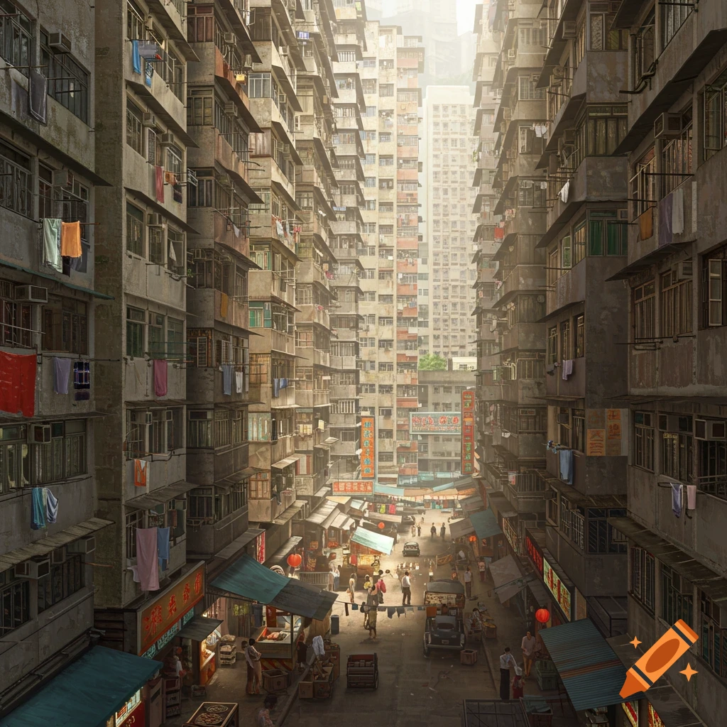 Overhead view of a crowded, narrow street in an old Asian city, lined with tall, densely packed residential buildings and bustling market stalls below. Clothes hang from windows, and people mill about the street.
