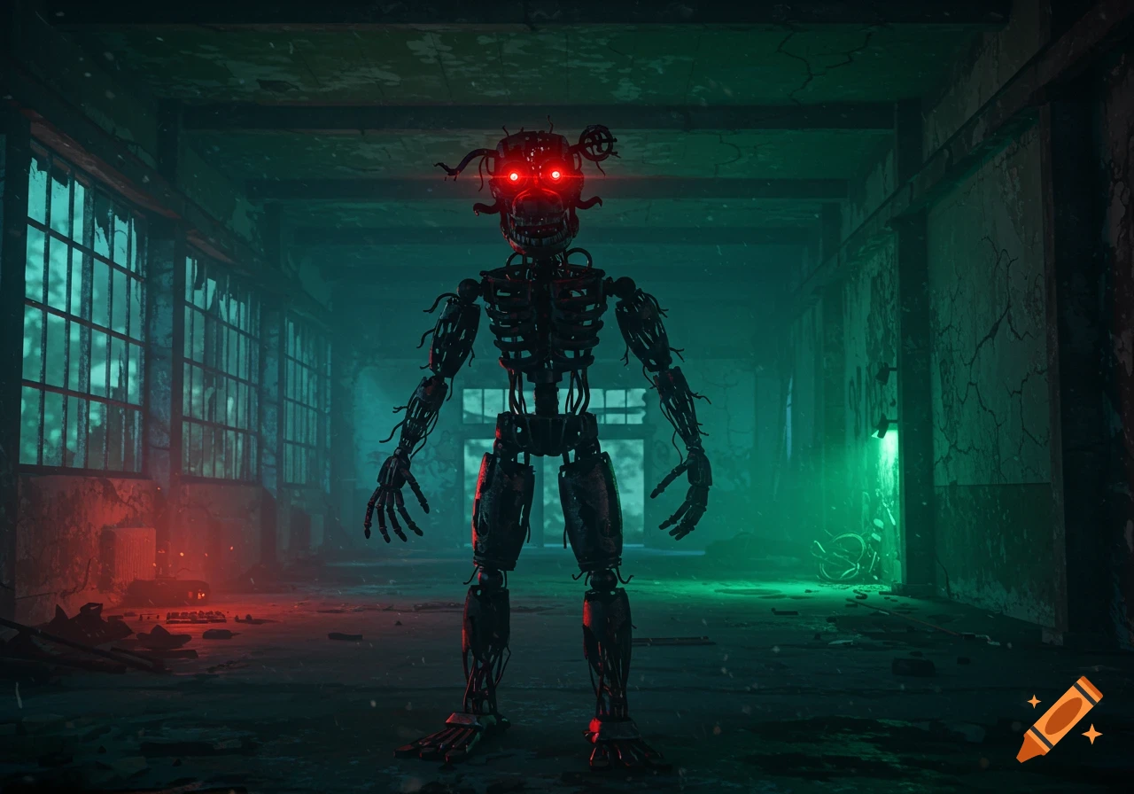A scary skeletal animatronic with glowing red eyes stands in a dark, abandoned industrial room, illuminated by eerie red and green lights.