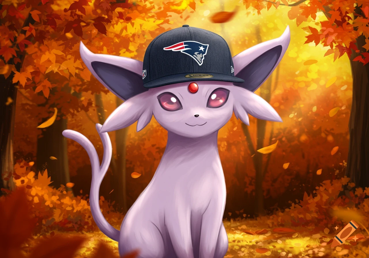 An Espeon Pokémon wearing a New England Patriots baseball cap in an autumn forest with falling leaves, digital art.