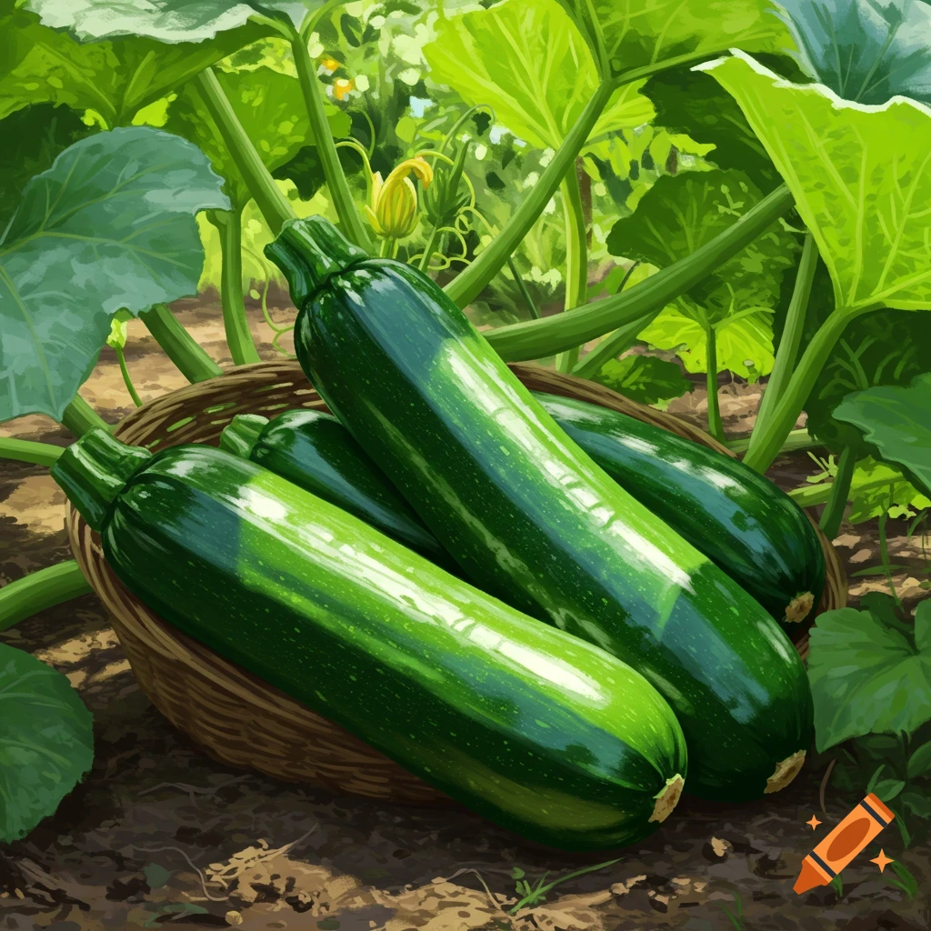 A close-up illustration of several green zucchinis in a woven basket, nestled among large green plant leaves in a garden.