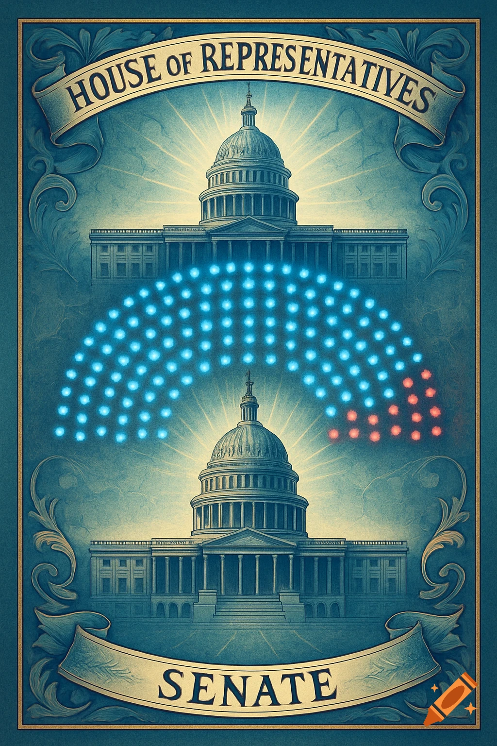 Vintage poster with two US Capitol buildings, labeled 'House of Representatives' and 'Senate,' separated by an arc of blue and red lights.