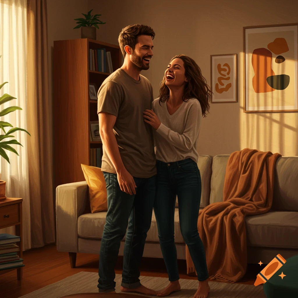 A smiling couple laughing while standing barefoot in their warmly lit living room.