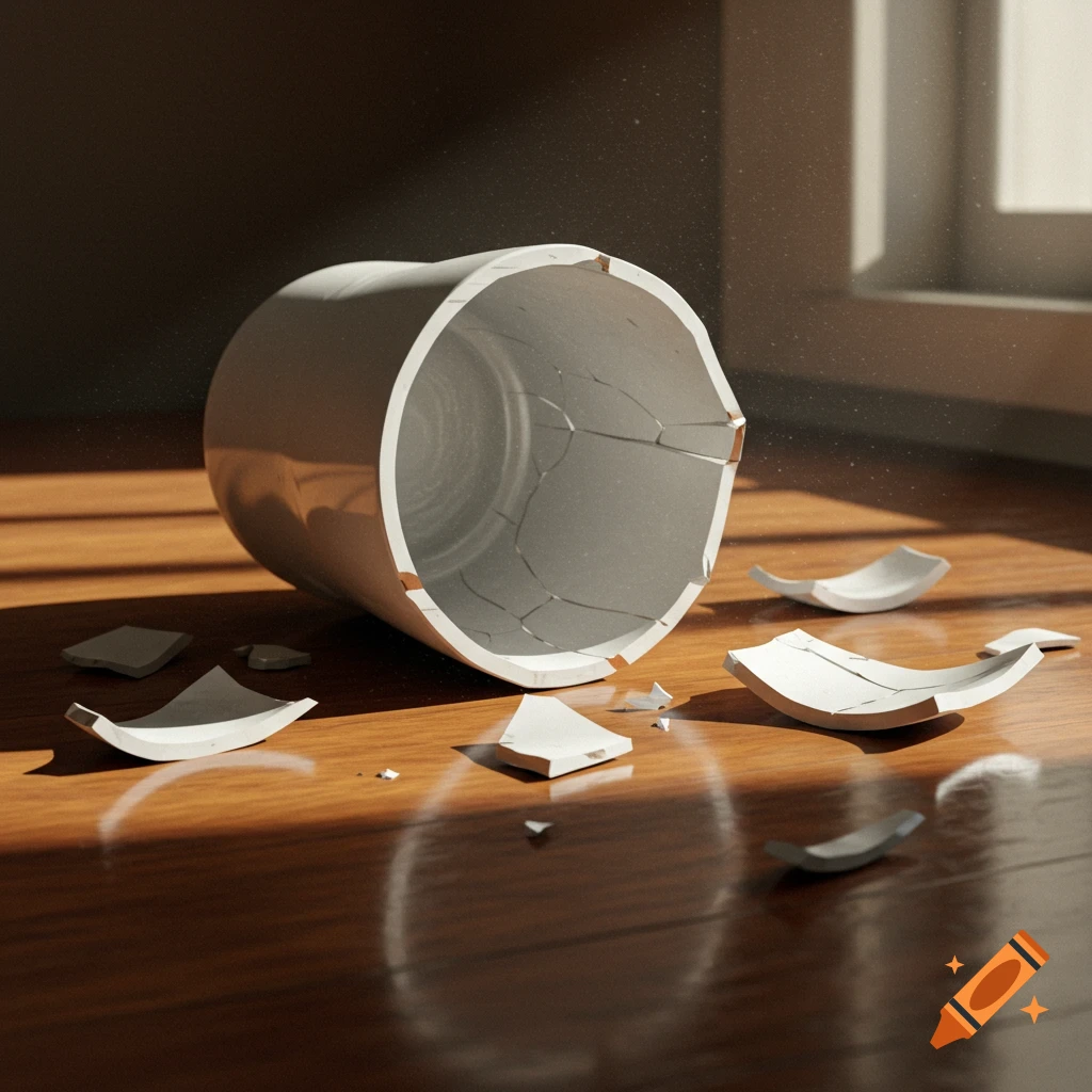 A broken white ceramic vessel lies shattered on a glossy wooden floor, illuminated by a shaft of sunlight from a nearby window.