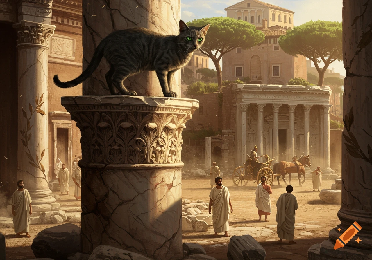 A large tabby cat with green eyes stands on a decorated stone column in ancient Roman ruins with people and a horse-drawn cart.