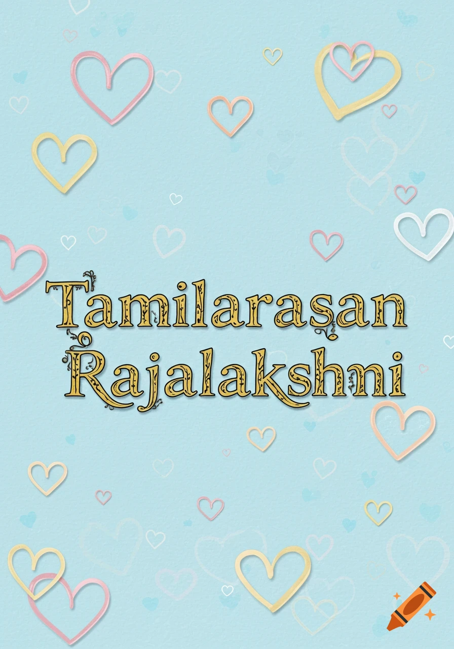 Light blue background with scattered pink and yellow hearts, featuring decorative yellow text 'Tamilarasan Rajalakshmi'.