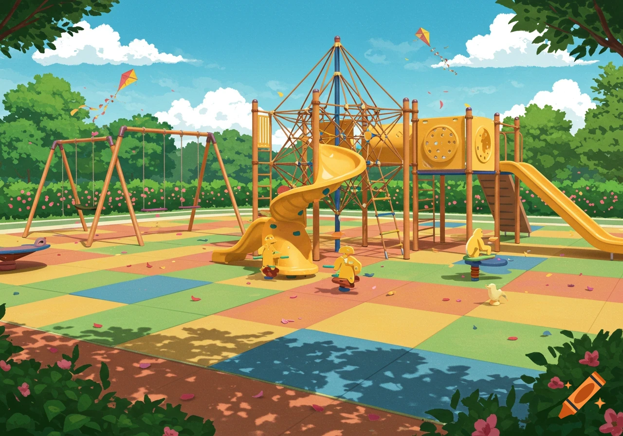 Vibrant illustration of a children's playground with swings, yellow slides, climbing structures, and colorful ground under a blue sky.