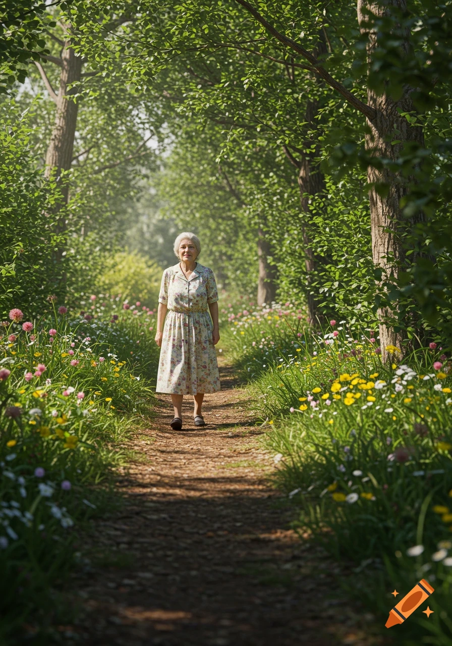 An elderly woman in a floral dress walks on a sunlit dirt path through a spring forest filled with green trees and wildflowers.