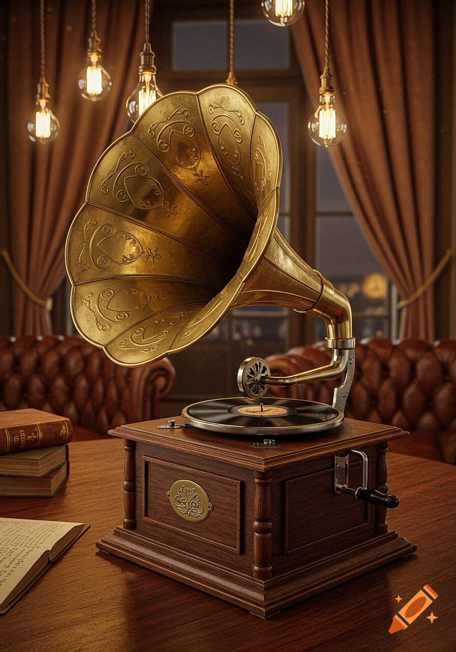 A vintage phonograph with a golden horn and dark wooden base sits on a table amidst old books, illuminated by hanging Edison bulbs in a dimly lit, richly decorated room.