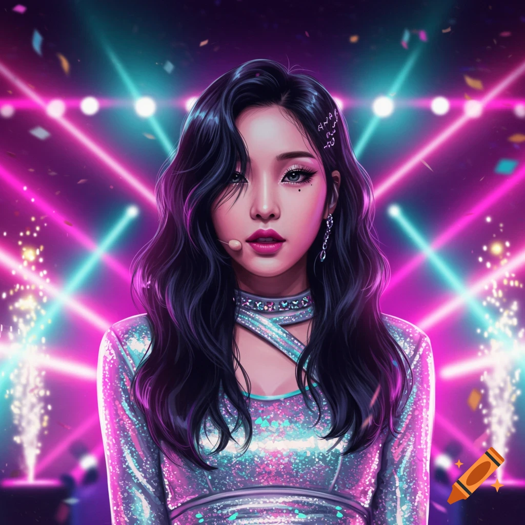 A K-pop idol with long dark hair and a sparkly iridescent outfit, standing on a stage illuminated by vibrant pink and teal neon lights, confetti, and sparks, in a digital art style.