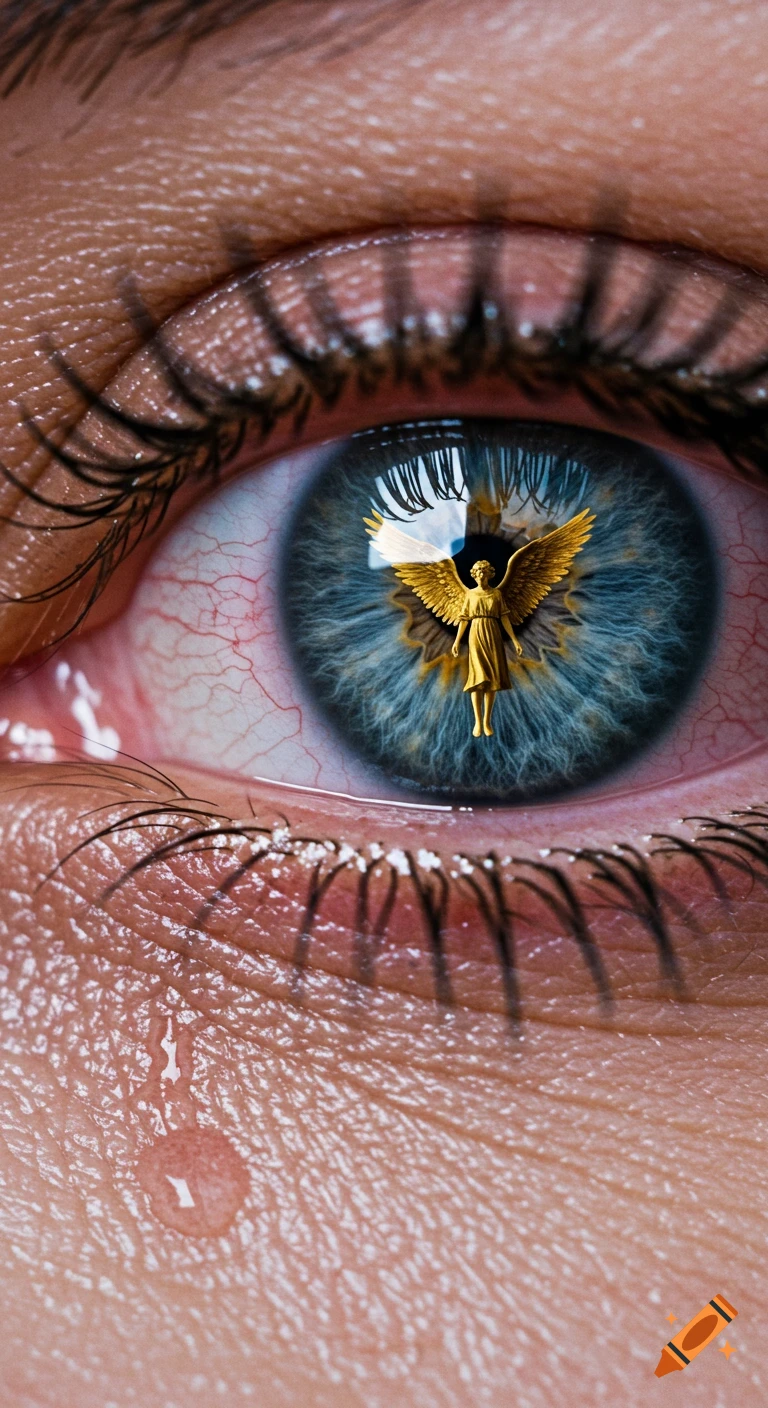 Close-up macro shot of a blue-gray eye with bloodshot veins and a tear, reflecting a golden angel in the pupil.