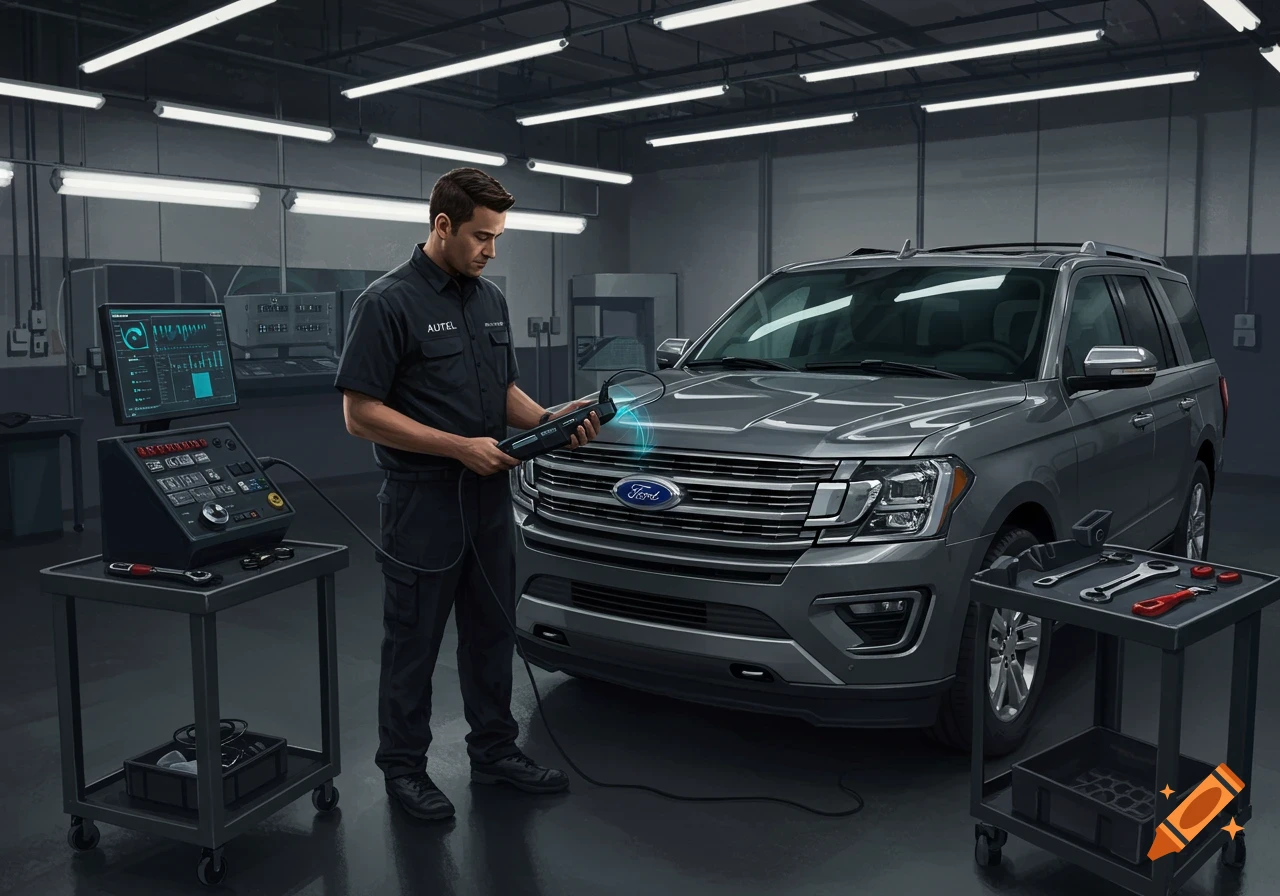 A mechanic uses a diagnostic tool on the front of a gray Ford Expedition in a clean auto garage.
