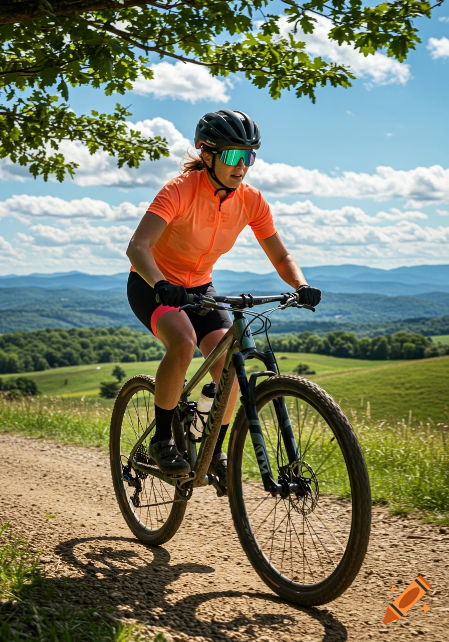 A woman mountain biking on a dirt trail under a blue sky with green hills and mountains in the background.
