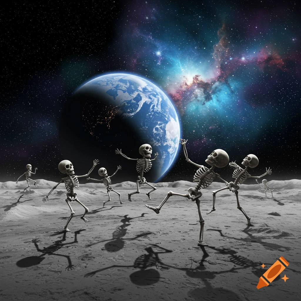 Dancing skeletons on the moon with Earth and a colorful nebula in the background.