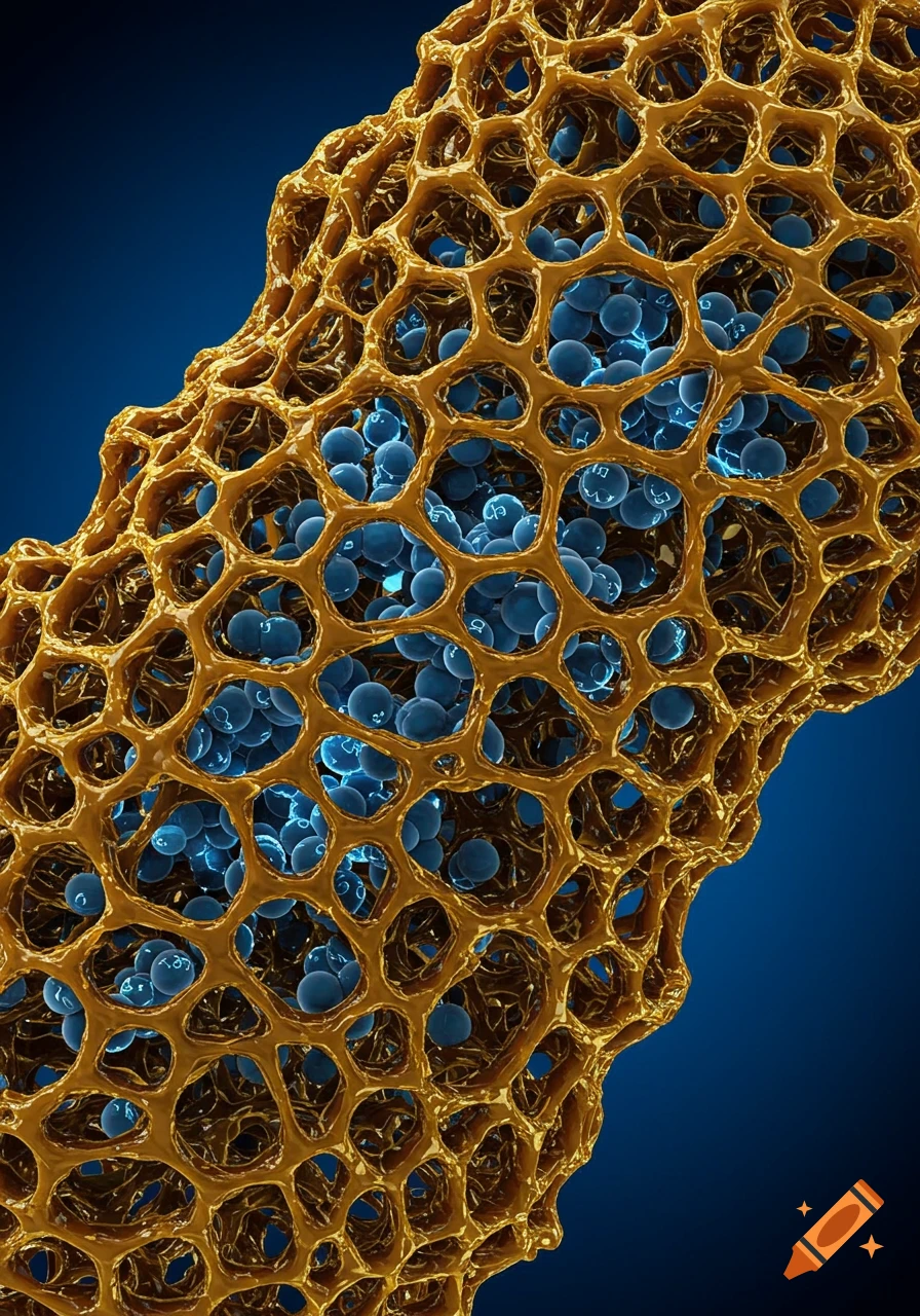 An intricate, glowing gold, sponge-like polymer matrix contains numerous luminous blue spheres within its pores, all set against a deep blue background.