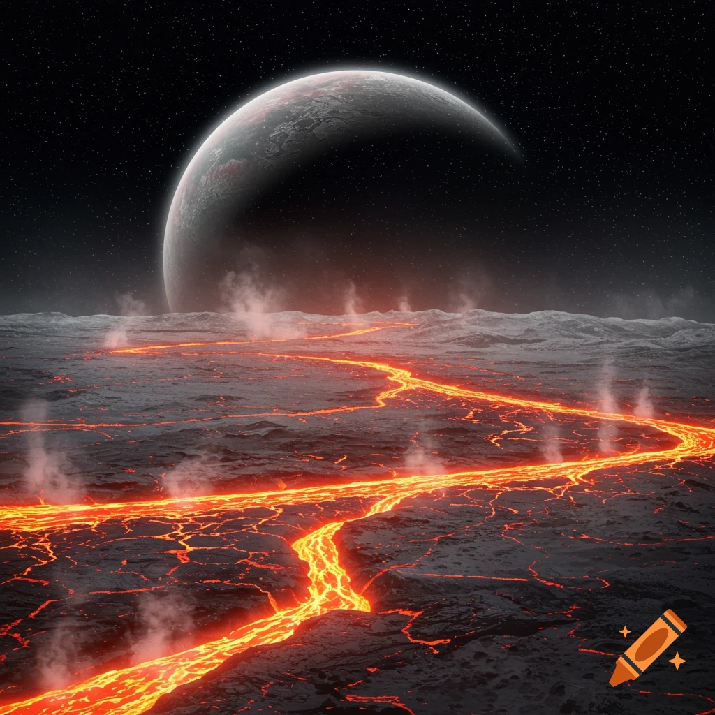 A dramatic shot of a dark, rocky moonscape with rivers of glowing orange lava flowing across it, under a vast star-filled sky and a large crescent planet.