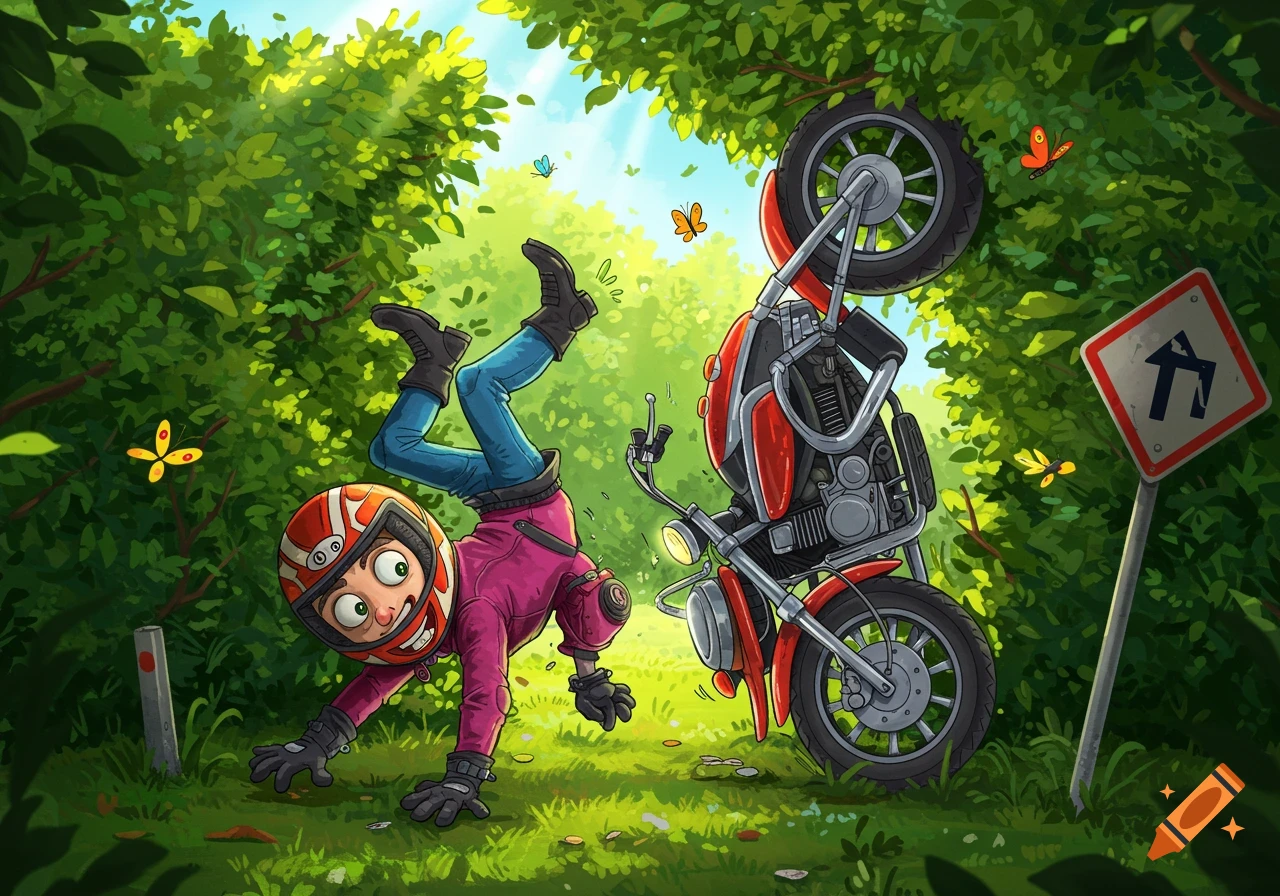 Cartoon biker in a red helmet and pink jacket falls upside down next to a red motorcycle in a lush green forest.