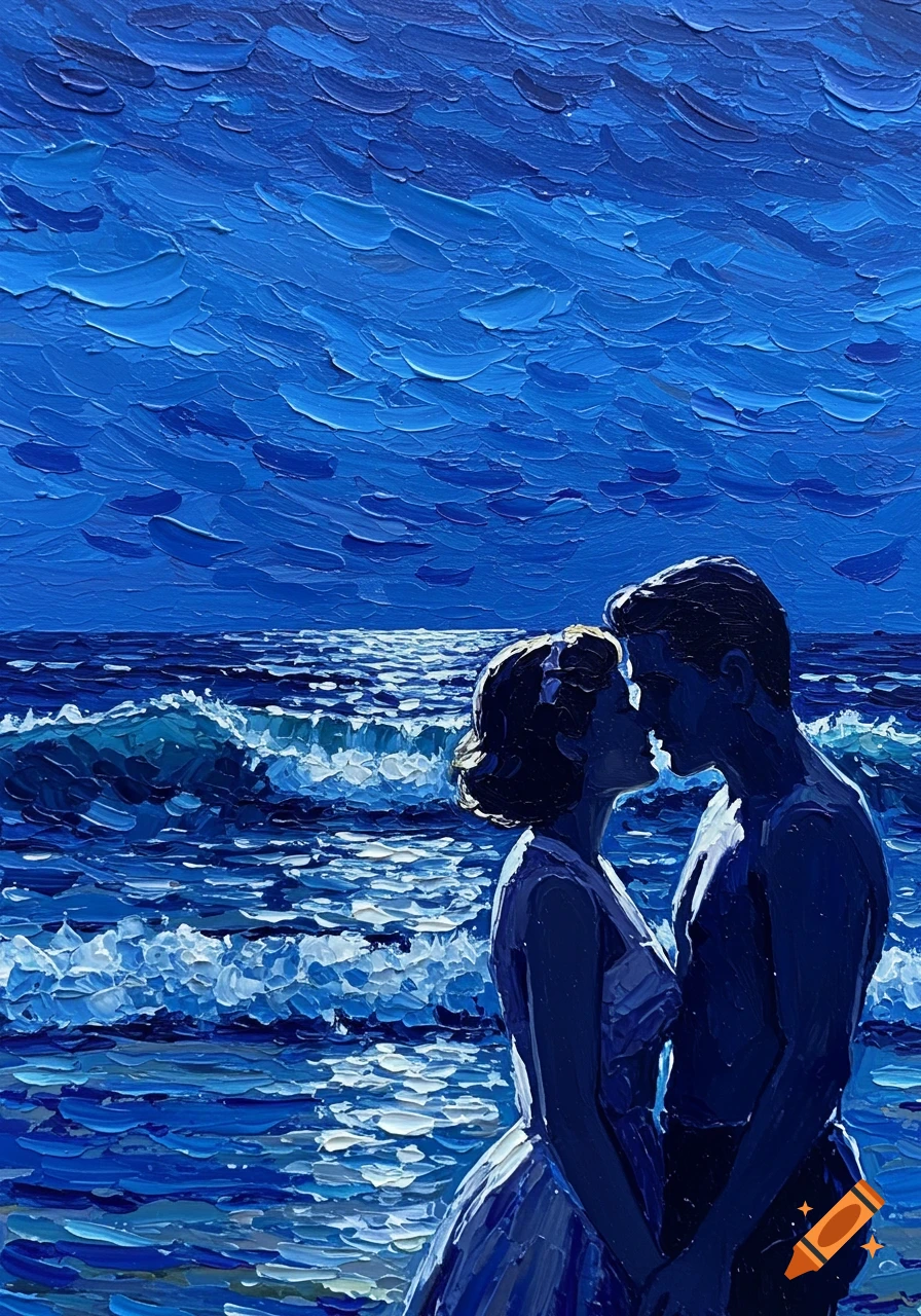Oil painting of a couple embracing and kissing on a moonlit beach, rendered with thick blue and white brushstrokes.