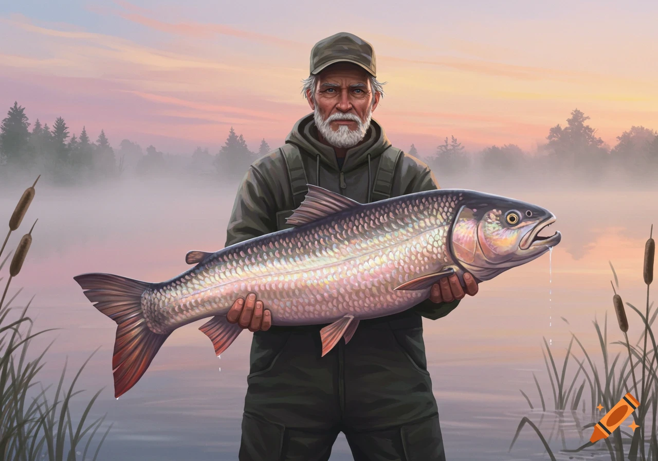 A bearded old man proudly holds a large fish in a misty lake at dawn, with trees and cattails in the background.