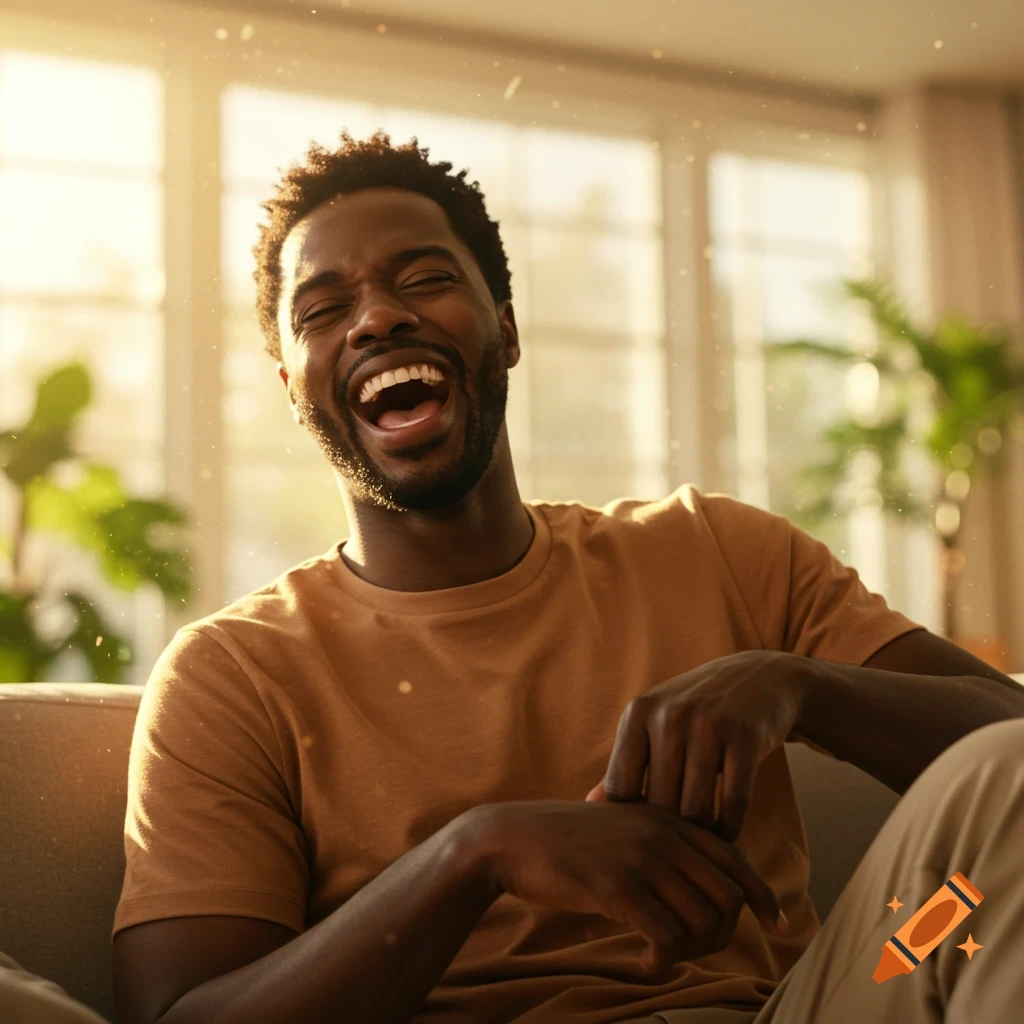 A black man with a beard, wearing a brown t-shirt, laughs joyfully while sitting on a couch in a bright, sunlit room.