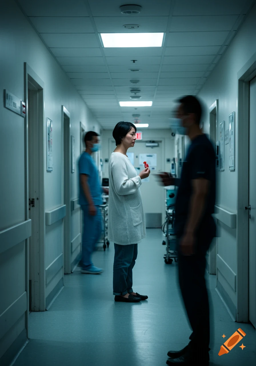 A person stands still in a blurred hospital hallway, holding candy, while two other blurred figures pass by. Photorealistic.