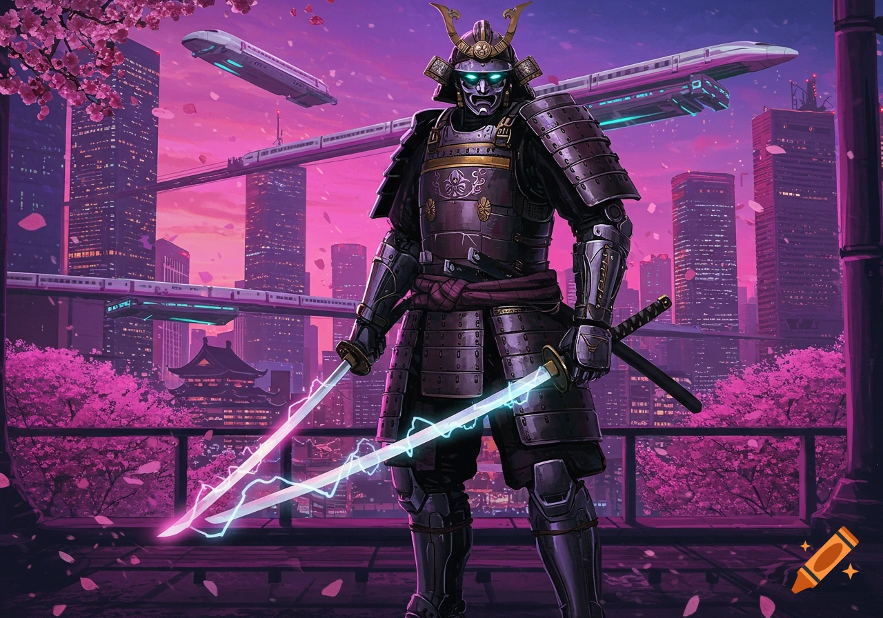 A robot in samurai armor with glowing katanas stands in a futuristic cyberpunk city with pink cherry blossoms and flying trains.