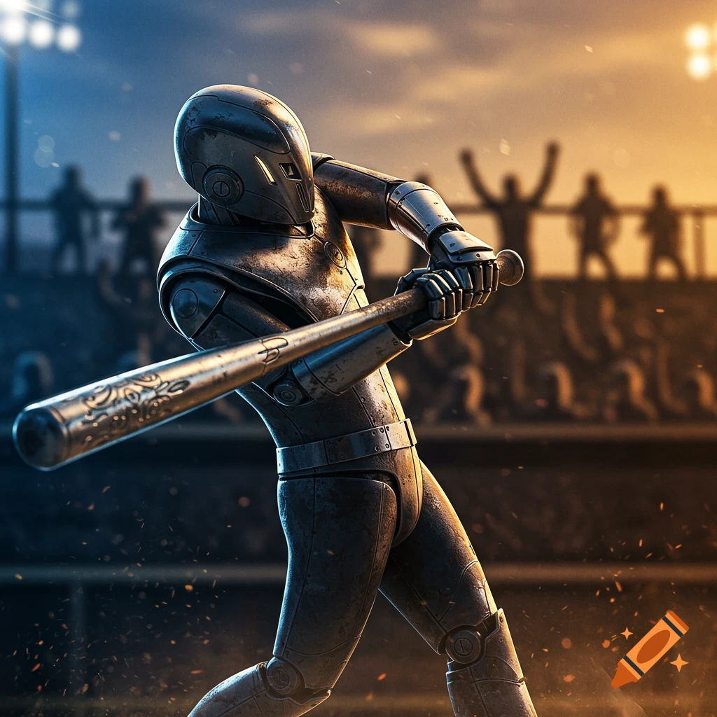 A metallic robot in a baseball uniform swings a bat in a stadium with a cheering crowd and bright lights in the background. The image has a dramatic lighting effect.