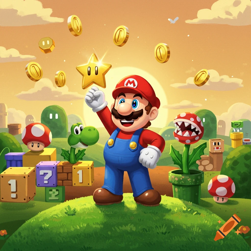 Mario stands on a green hill with a golden Super Star, surrounded by coins, a Piranha Plant, Yoshi, and game blocks under a sunset sky.