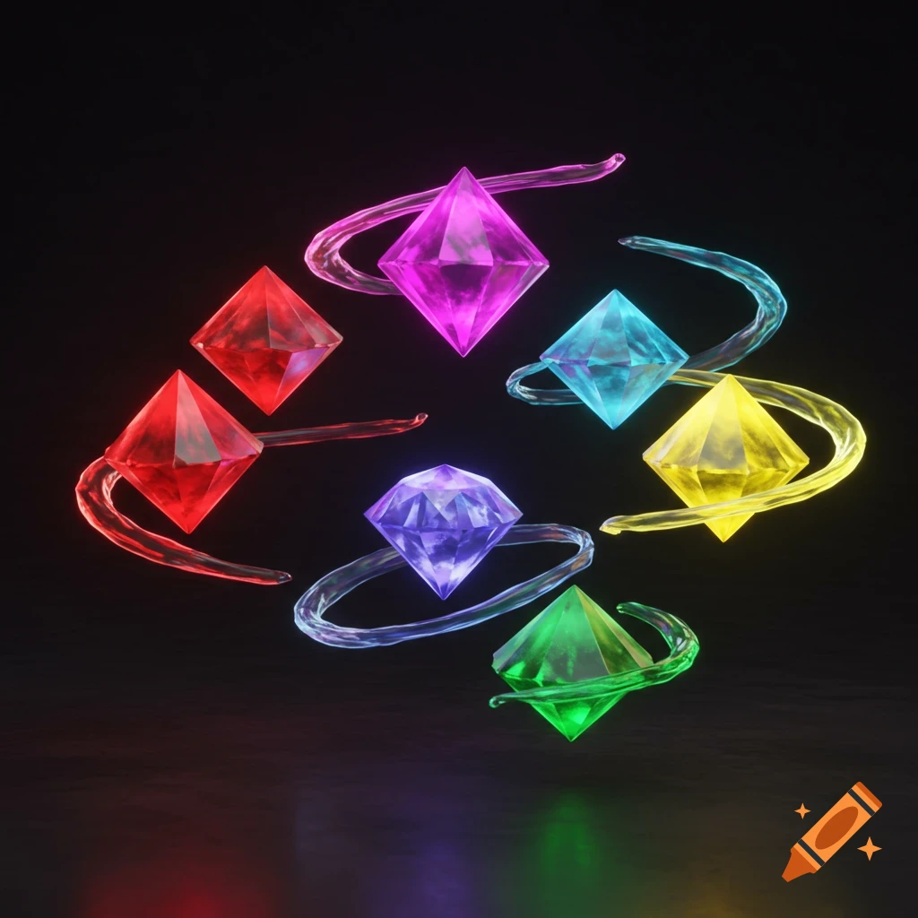 Six glowing, faceted gems in red, magenta, cyan, yellow, green, and purple, each surrounded by a swirling, translucent ribbon, set against a dark background.