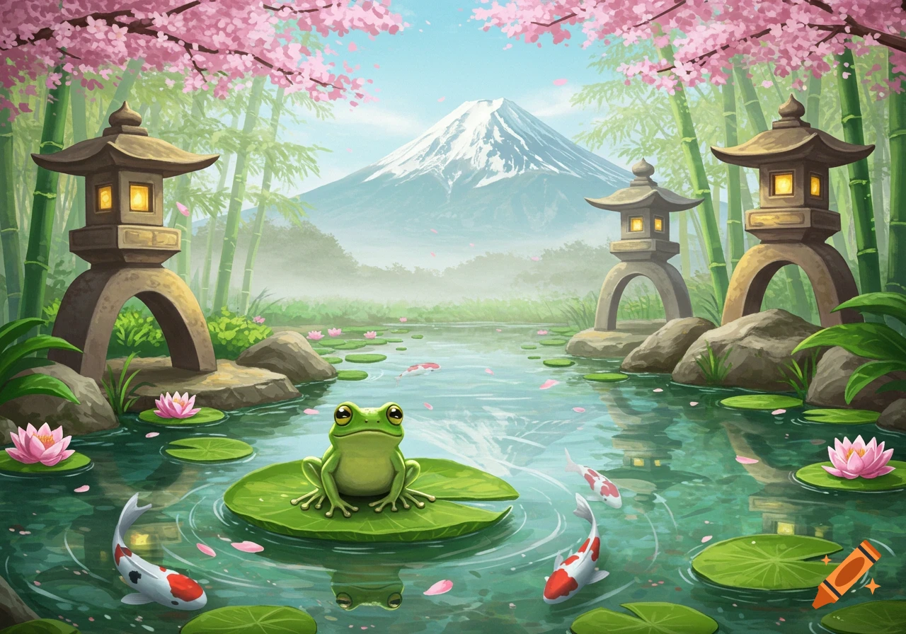 A cartoon frog on a lily pad in a Japanese pond with koi fish, cherry blossoms, bamboo, stone lanterns, and Mount Fuji in the background.